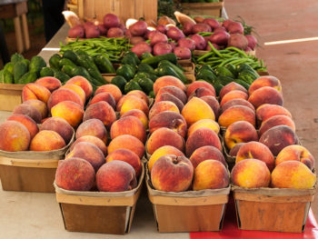 Bushels of peaches, green peppers, and potatoes in a row of baskets