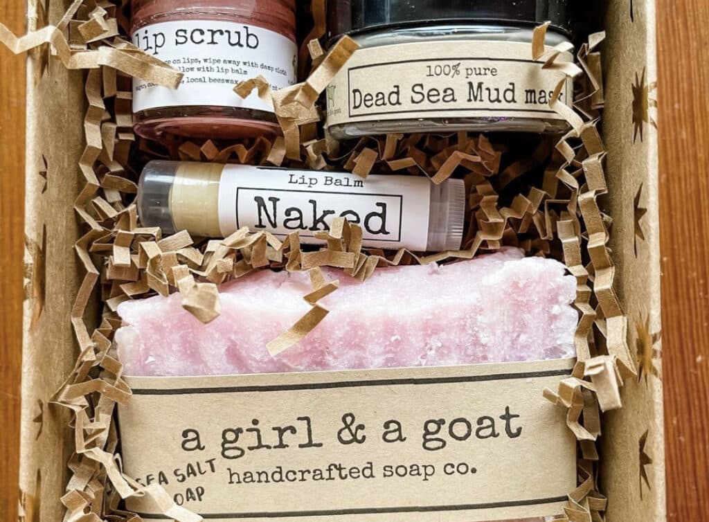 handcrafted sea salt soap, naked lip balm, lip scrub and dead sea mud mask by local brand a girl & a goat